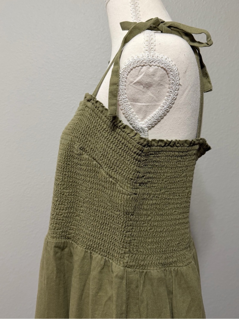 Gap Olive Green Smocked Midi Dress Tie Straps Large XL Sundress Comfy Casual F - Picture 6 of 15